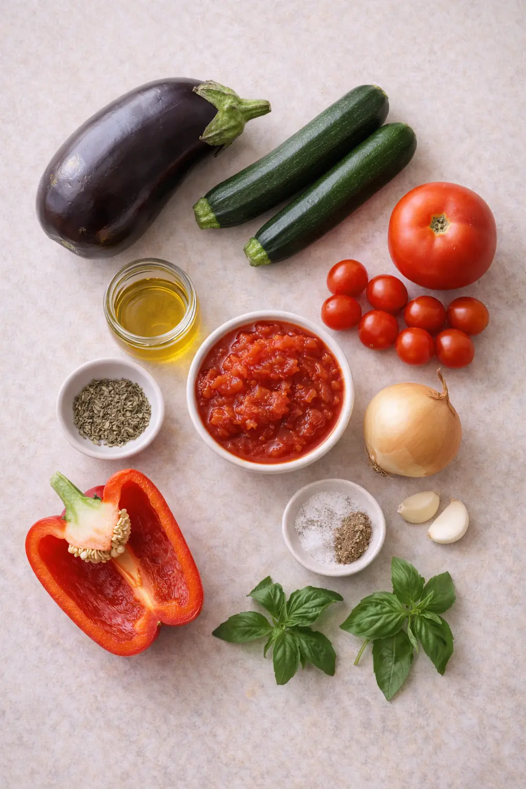 Sliced eggplant zucchini tomatoes and peppers on a board