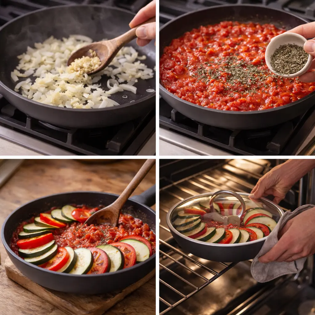 Preparing and arranging sliced vegetables for baking