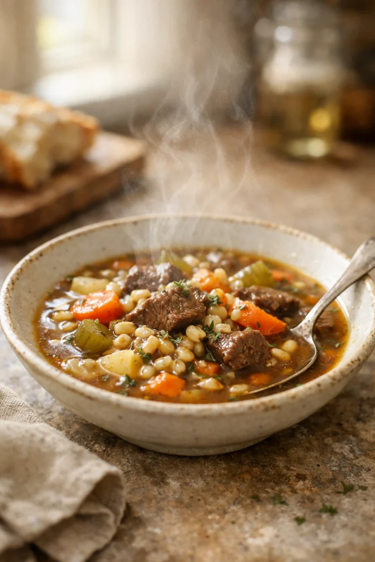 Homemade beef and barley soup in a rustic bowl with carrots and celery, photographed in natural window light