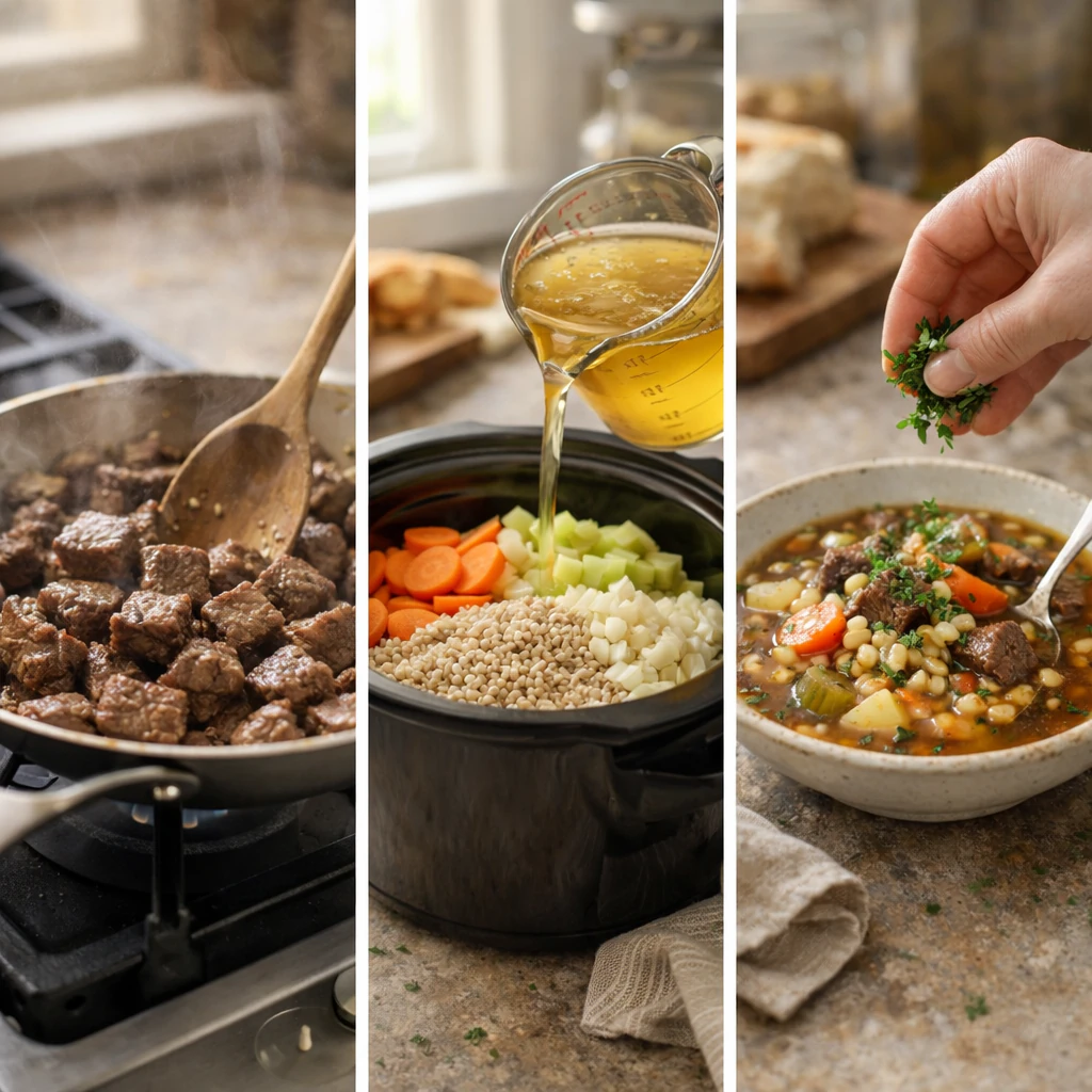Slow cooker with beef barley soup