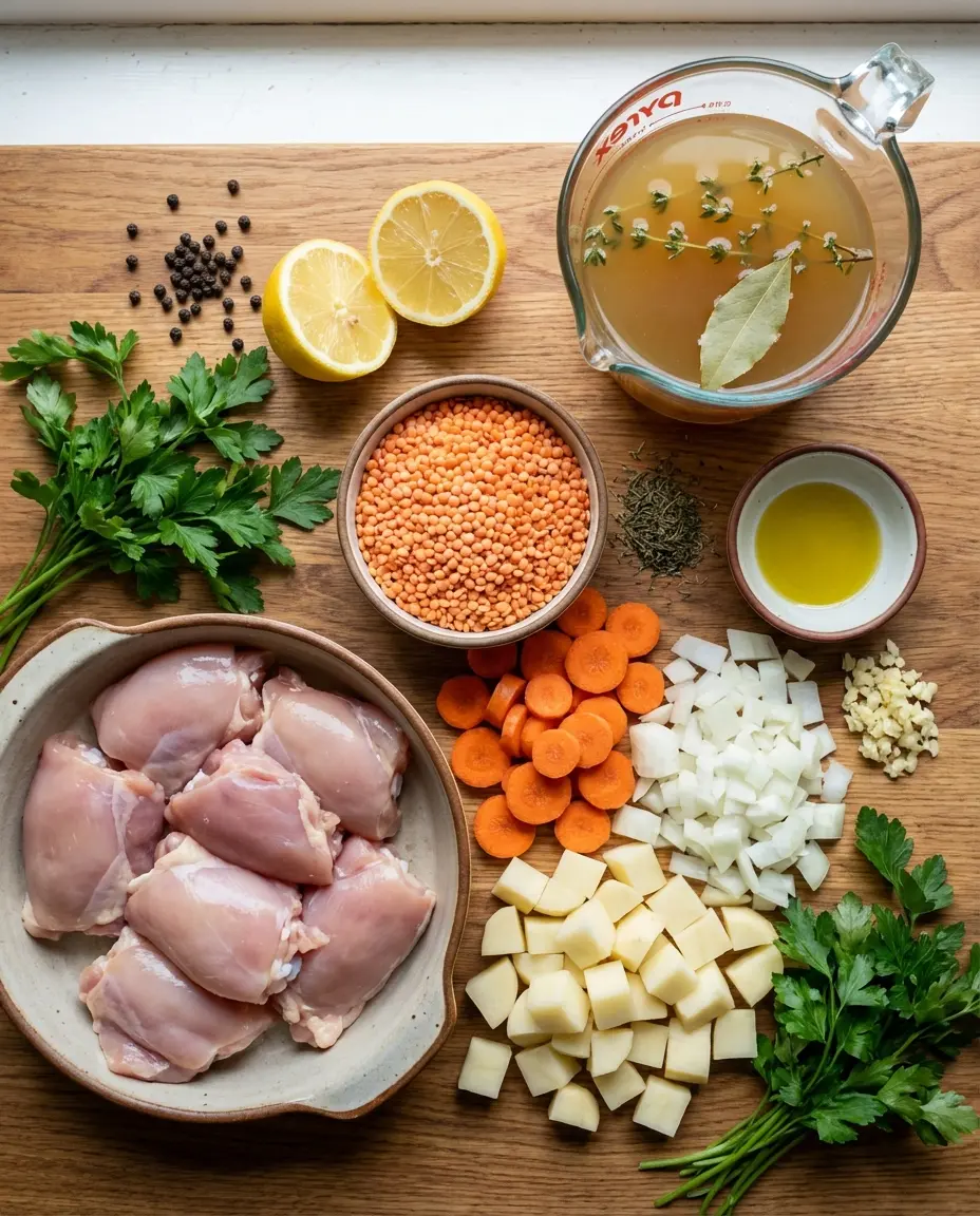 Ingredients for slow cooker chicken with red lentils on a counter