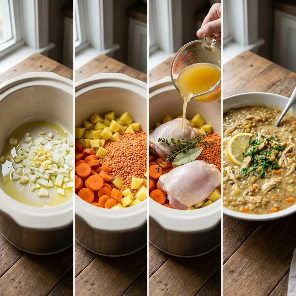 Slow cooker being loaded with ingredients