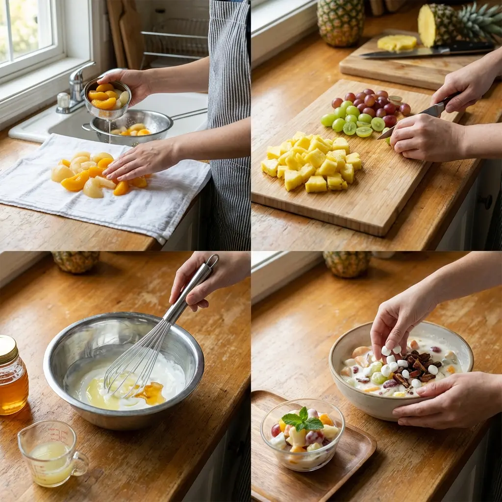 Hands mixing ambrosia salad in a bowl