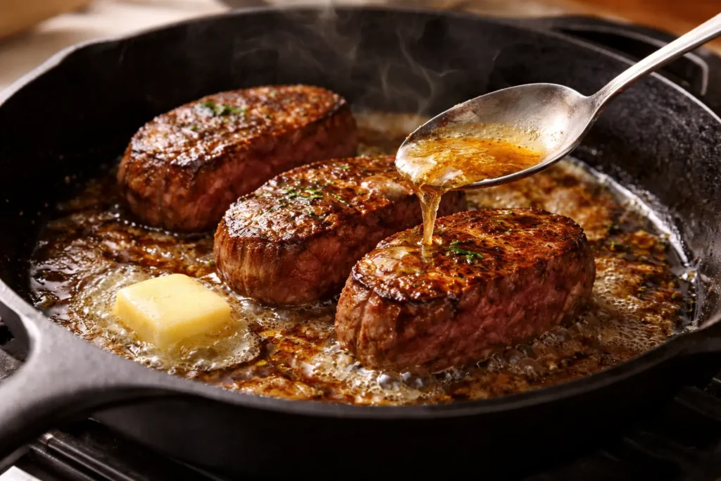 Beef tenderloin medallions searing in a hot skillet with butter to rebuild a browned crust after reheating