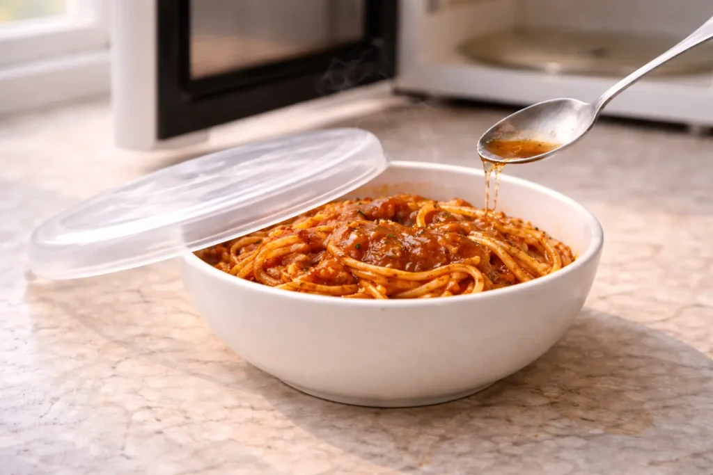 Microwave-safe bowl of leftover pasta with tomato sauce, a splash of water added, and a vented lid ready for microwaving on a light countertop