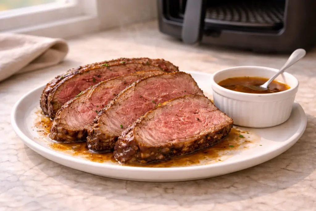 Juicy prime rib slices on a white plate with au jus beside them, with an air fryer basket in the background