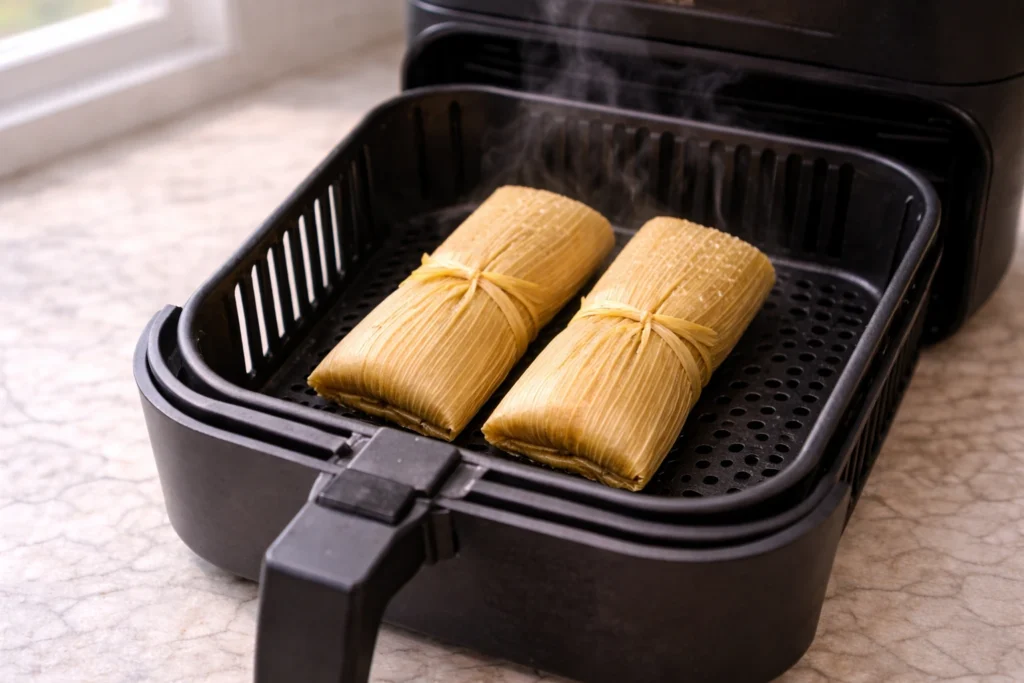 Tamales in corn husks in an air fryer basket, lightly misted with water before reheating