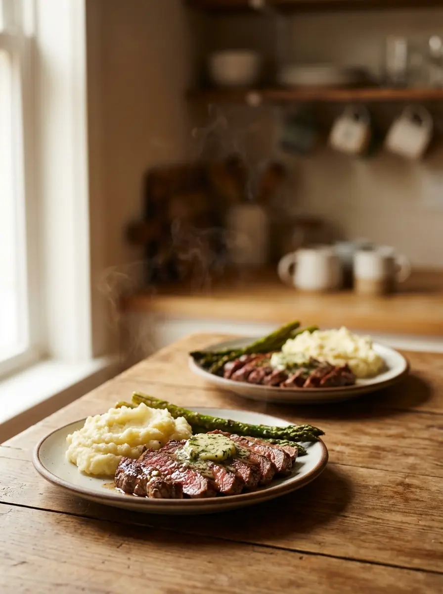 Romantic steak dinner with ribeye, roasted asparagus, and creamy parmesan potatoes