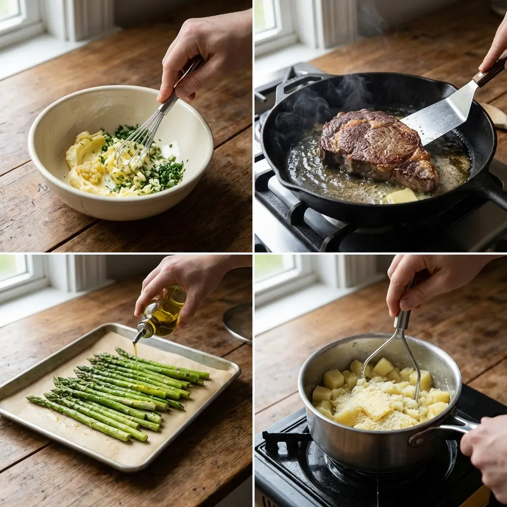 Cooking steps showing seared steak, roasted asparagus and mashed potatoes