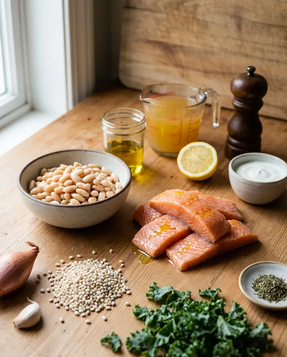 Ingredients for salmon and white bean ragout on a counter