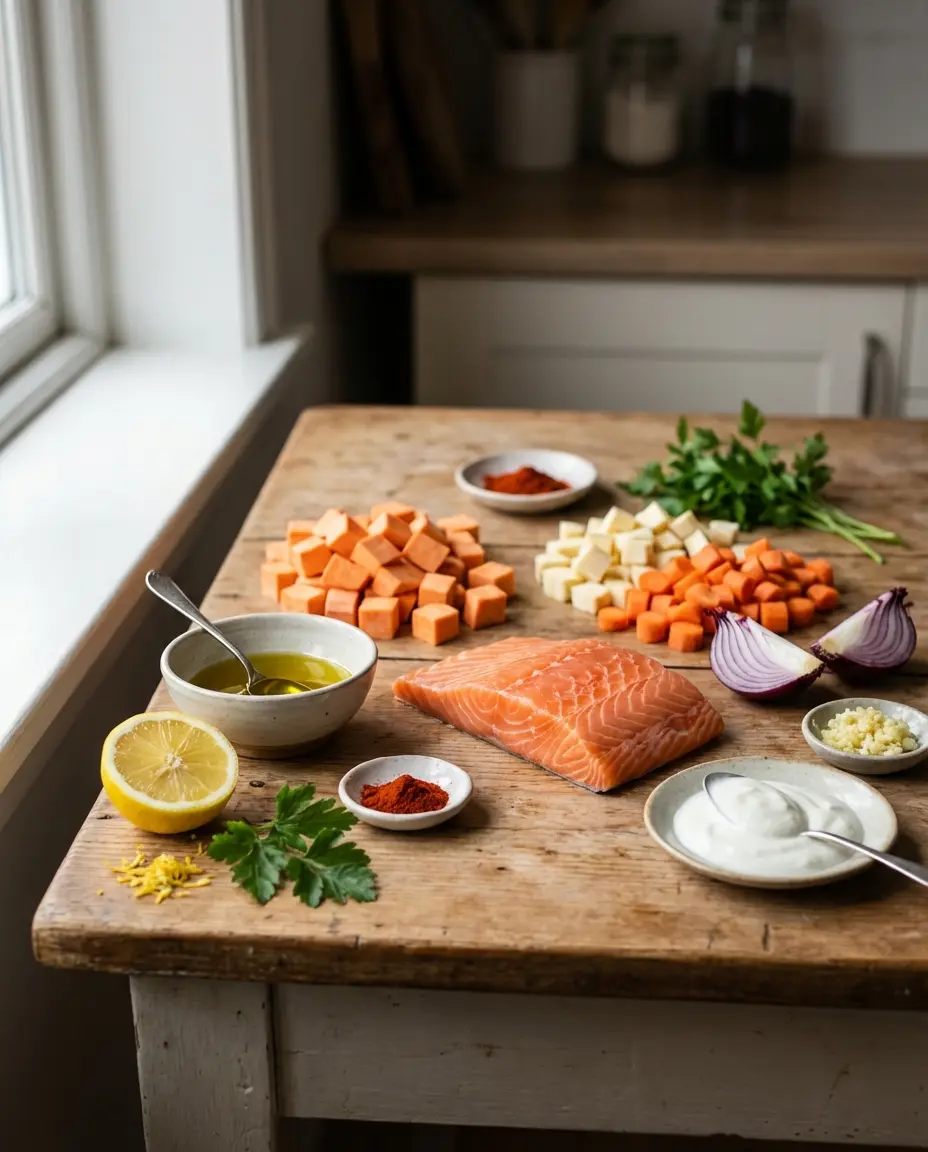 Ingredients for sheet-pan salmon with root vegetables