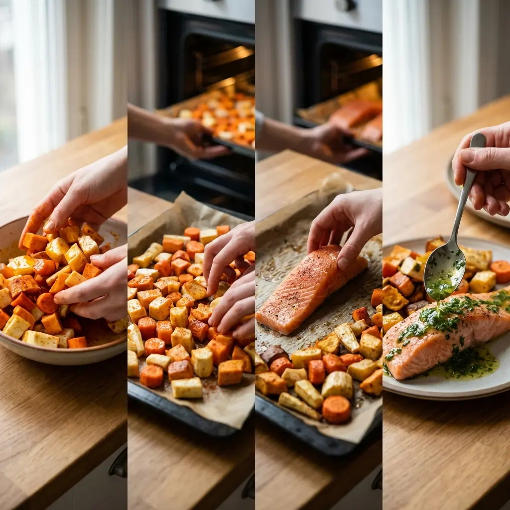 Step-by-step sheet-pan salmon preparation