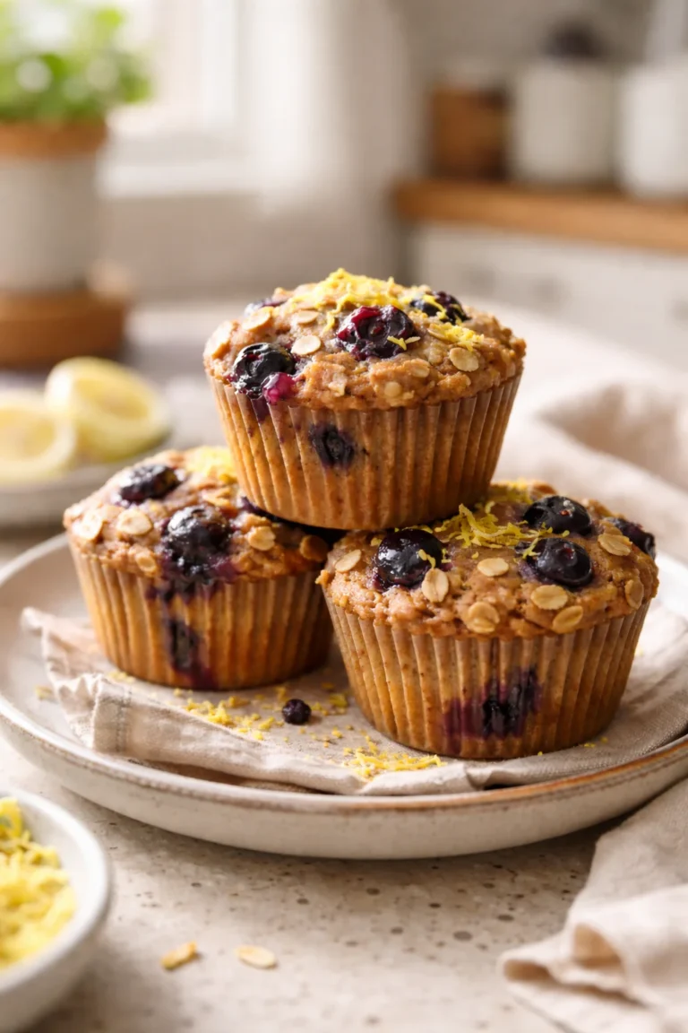 Three banana oat muffins with blueberries and lemon zest on a rustic plate in a cozy home kitchen