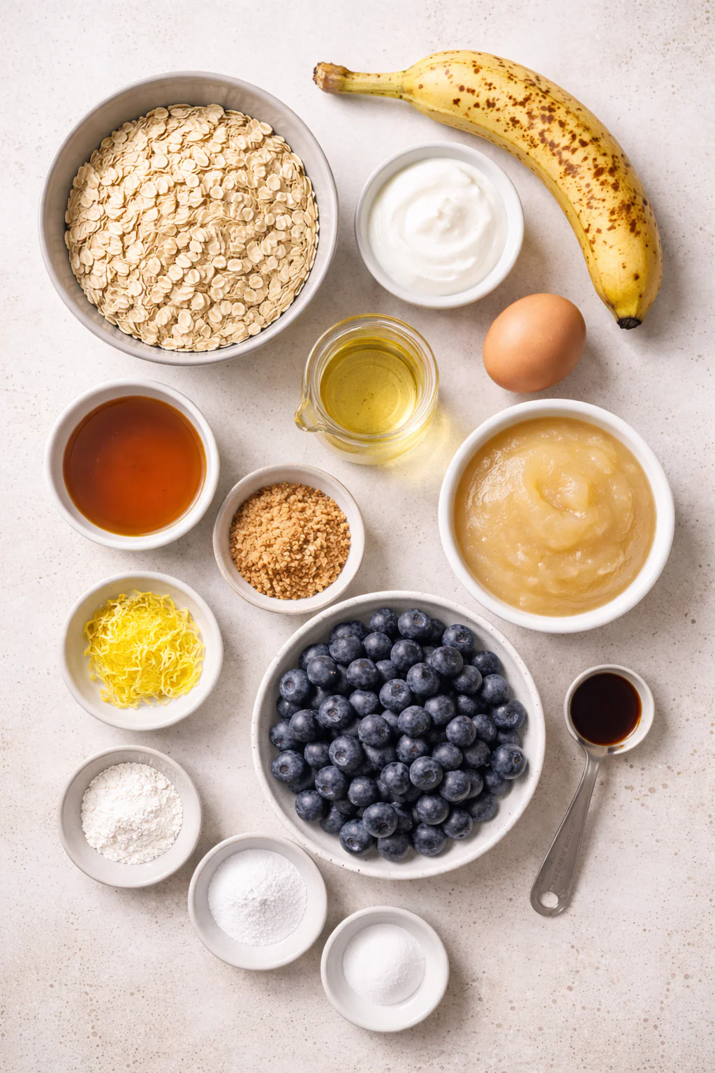 Bowl of rolled oats, bananas, eggs, yogurt, oil, blueberries and lemon