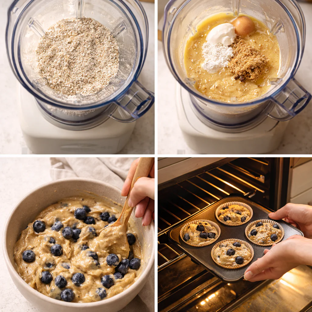 Mixing batter for banana oat muffins with blueberries
