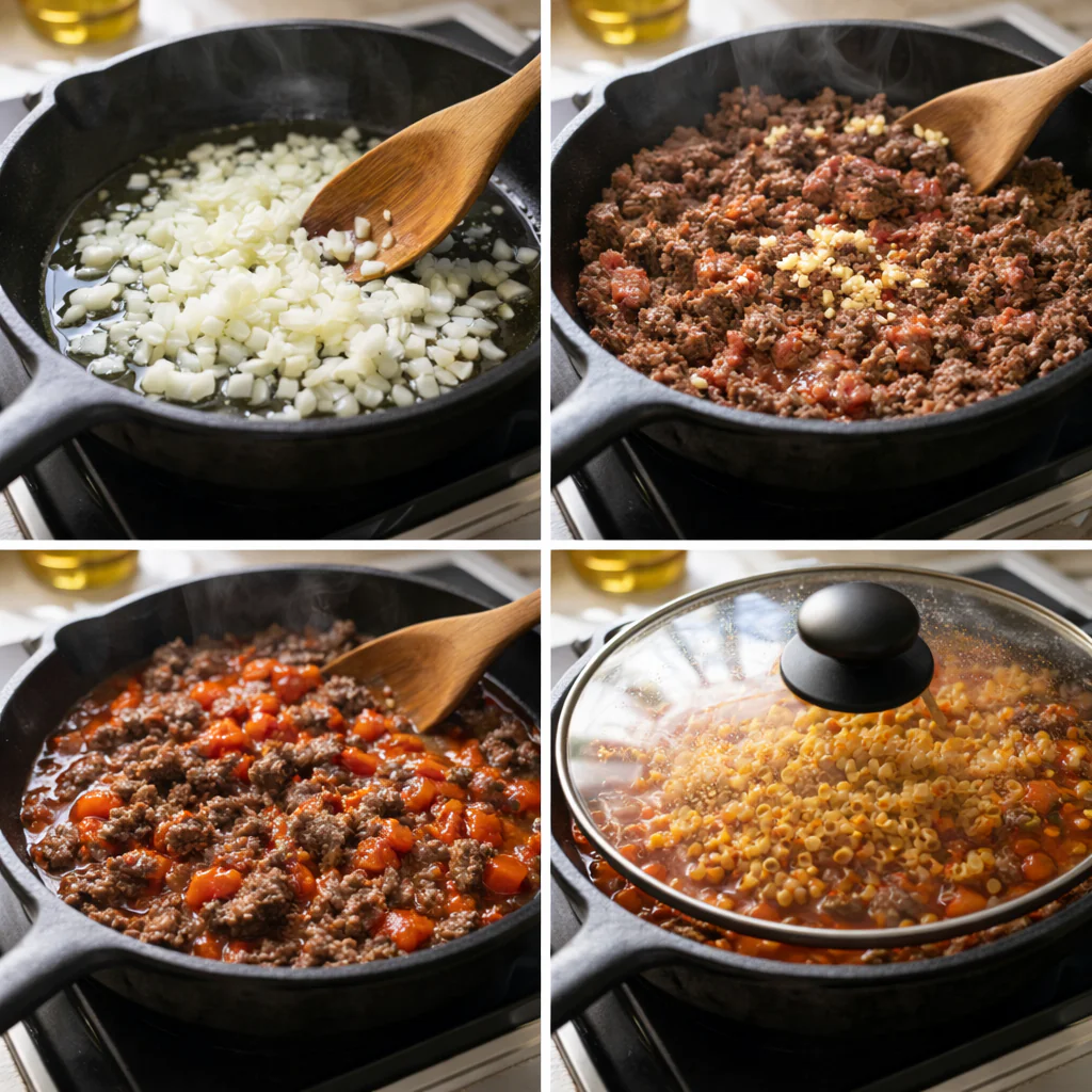 Cooking steps for the ground beef skillet in a pan