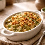 Small baking dish of homemade green bean casserole with golden breadcrumb topping, photographed at a 45 degree angle in a cozy home kitchen
