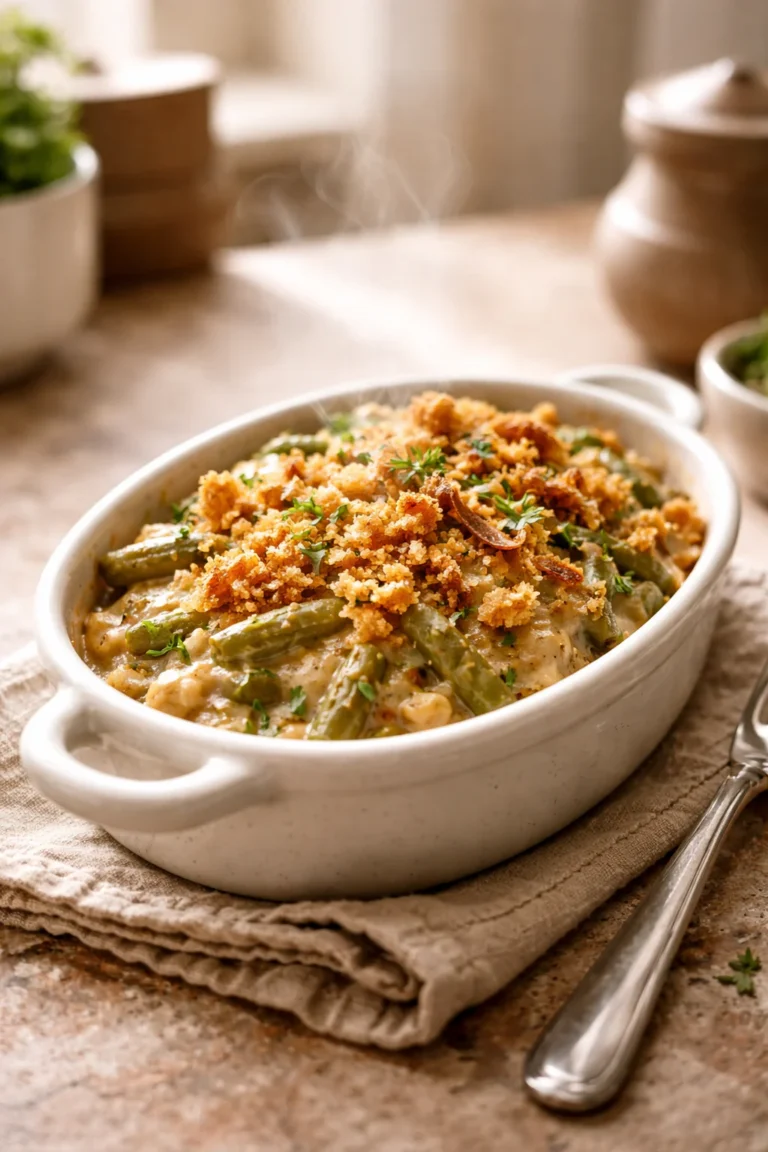 Small baking dish of homemade green bean casserole with golden breadcrumb topping, photographed at a 45 degree angle in a cozy home kitchen