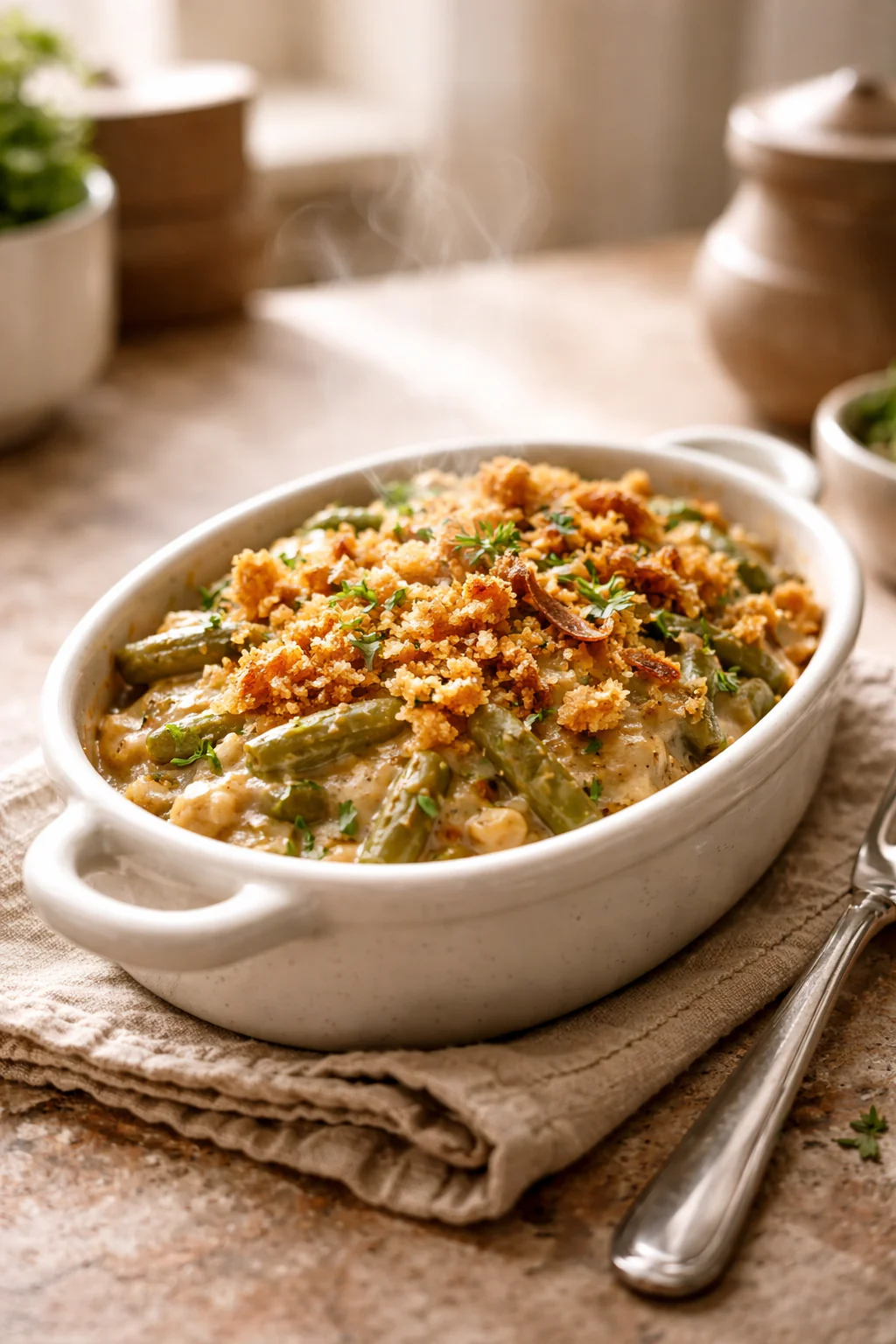 Low sodium green bean casserole in a small baking dish
