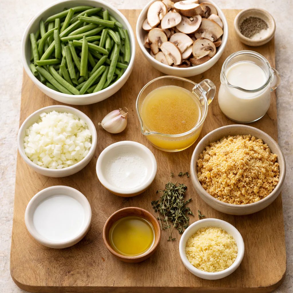 Ingredients laid out for green bean casserole