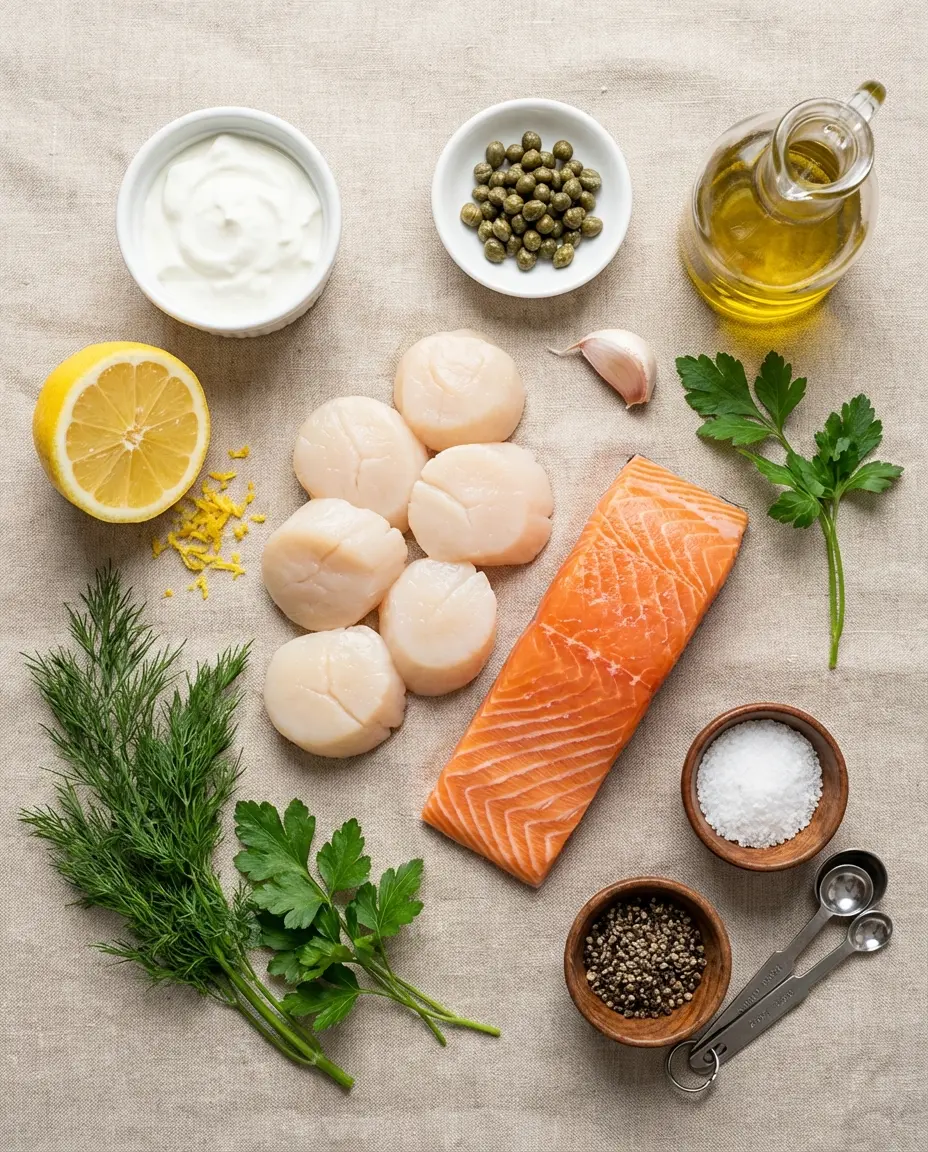 Ingredients laid out: scallops, salmon, lemon, herbs, oil