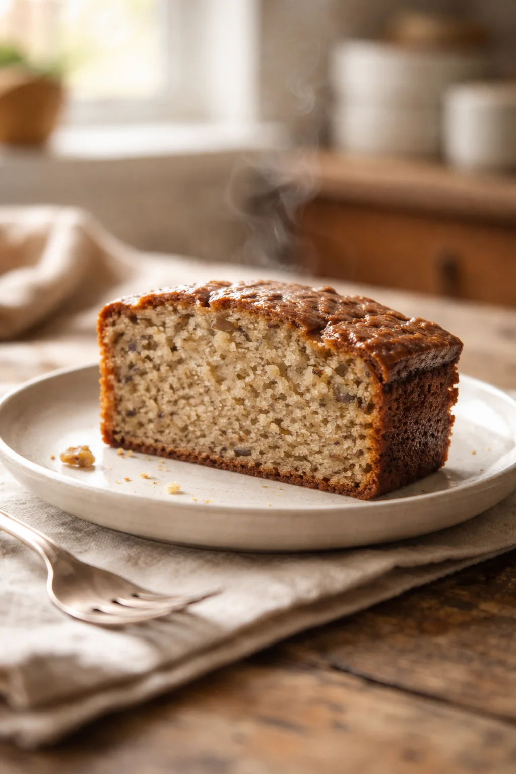 Small loaf of vegan banana bread on a plate