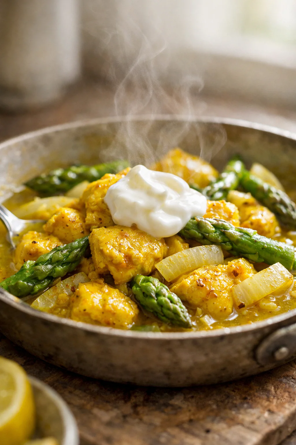 Skillet of turmeric chicken with asparagus and onion