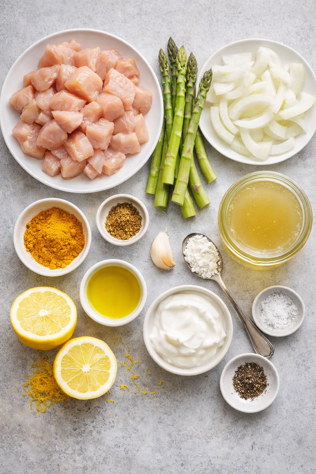 Ingredients for turmeric chicken and vegetables laid out on a surface