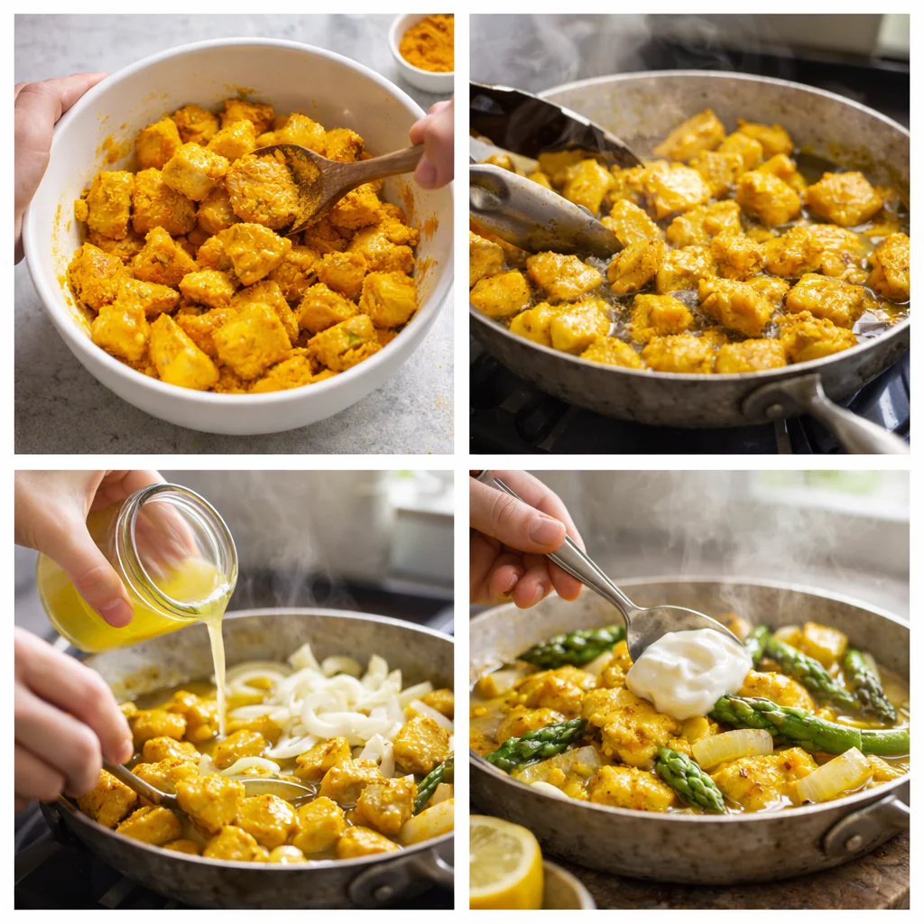 Steps showing cooking chicken and vegetables in a skillet