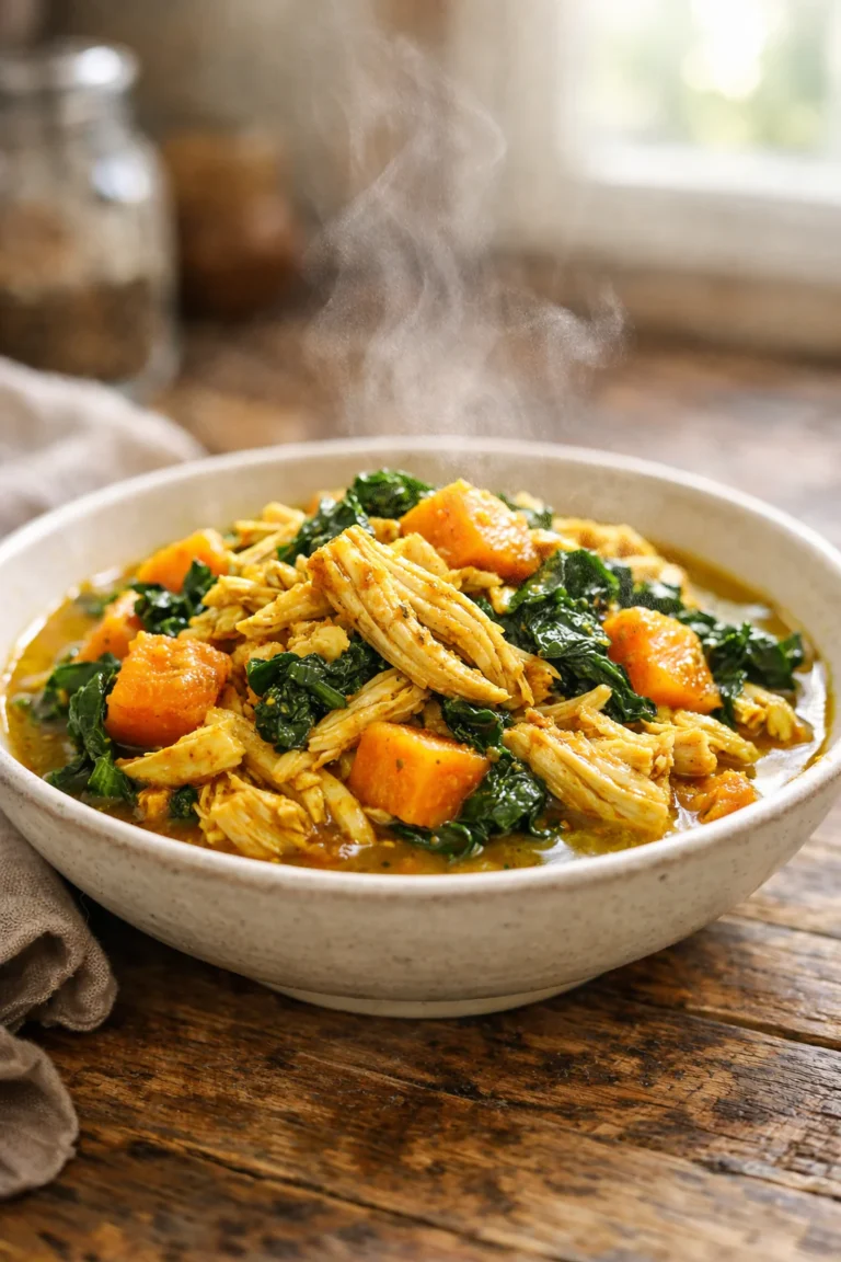 Slow cooker turmeric chicken with shredded chicken, sweet potato cubes and kale in a cozy kitchen bowl