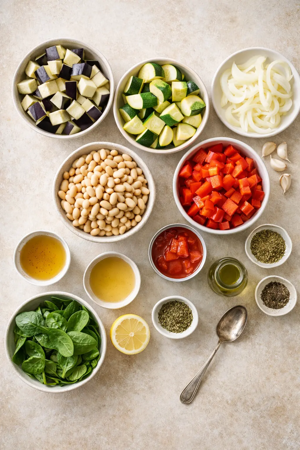 Ingredients for slow cooker ratatouille arranged on a counter