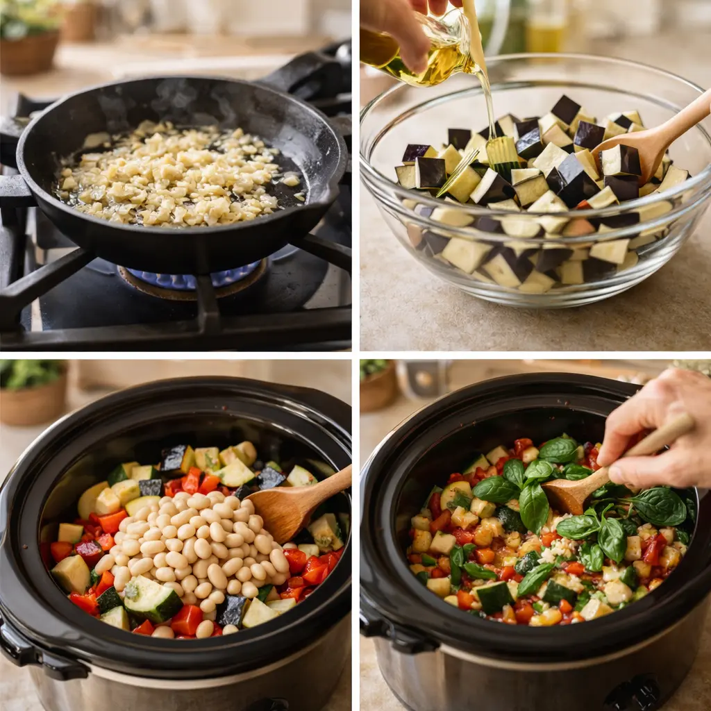 Cooking steps for slow cooker ratatouille with white beans