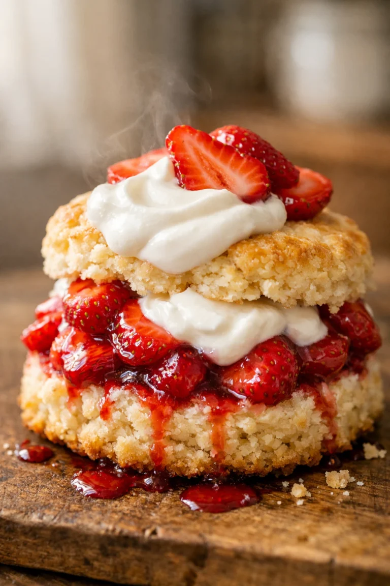 Soft biscuit strawberry shortcake with macerated strawberries and whipped cream in a cozy home kitchen