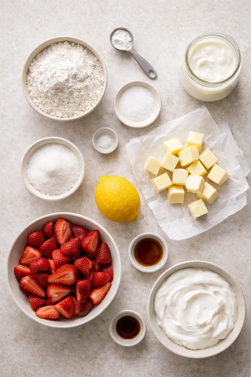 Bowl with flour, butter, yogurt and a bowl of sliced strawberries