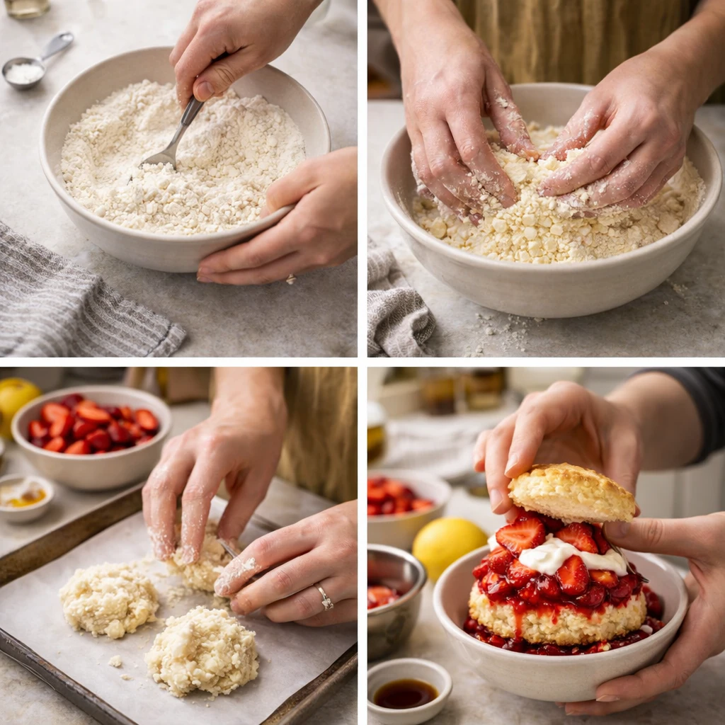 Step by step: dough mounded on a baking sheet and baked shortcakes ready to split