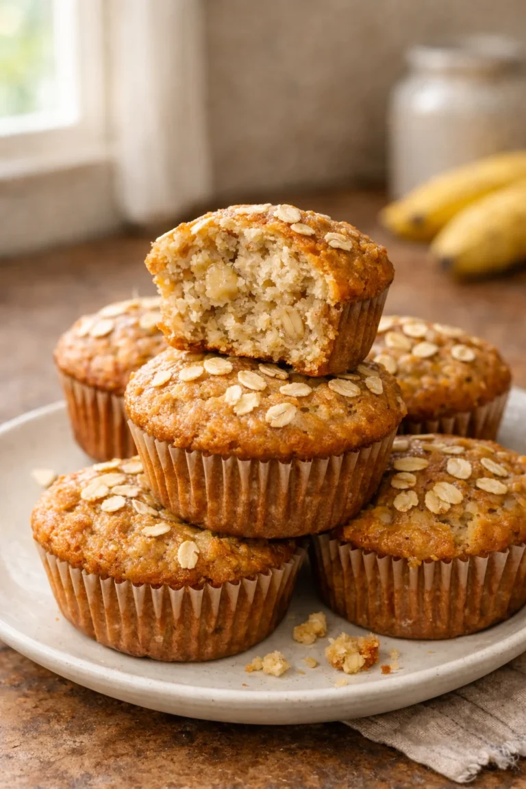 Fresh homemade banana oat muffins on a plate in a cozy kitchen, soft and moist with visible oats