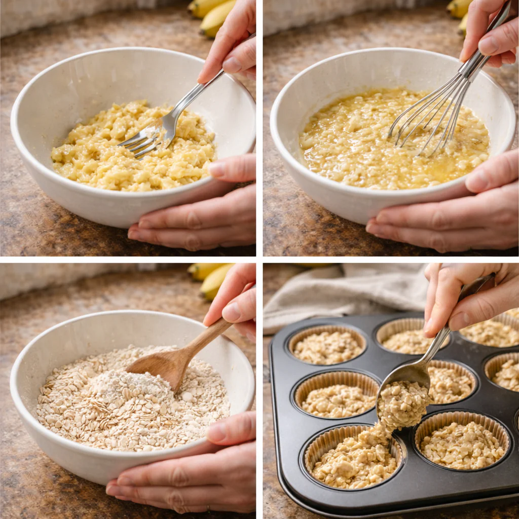 Baking steps for banana oat muffins