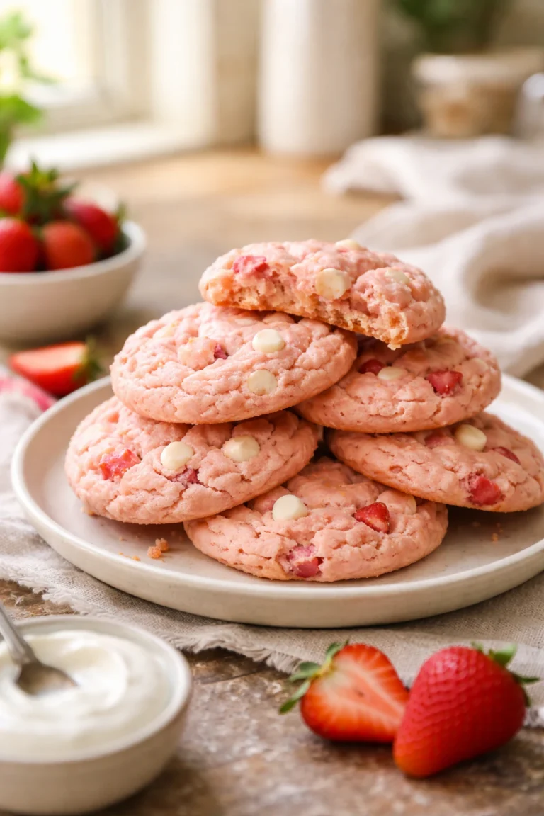 Strawberry cake mix cookies stacked on a plate in a cozy home kitchen with fresh strawberries and yogurt, soft natural light