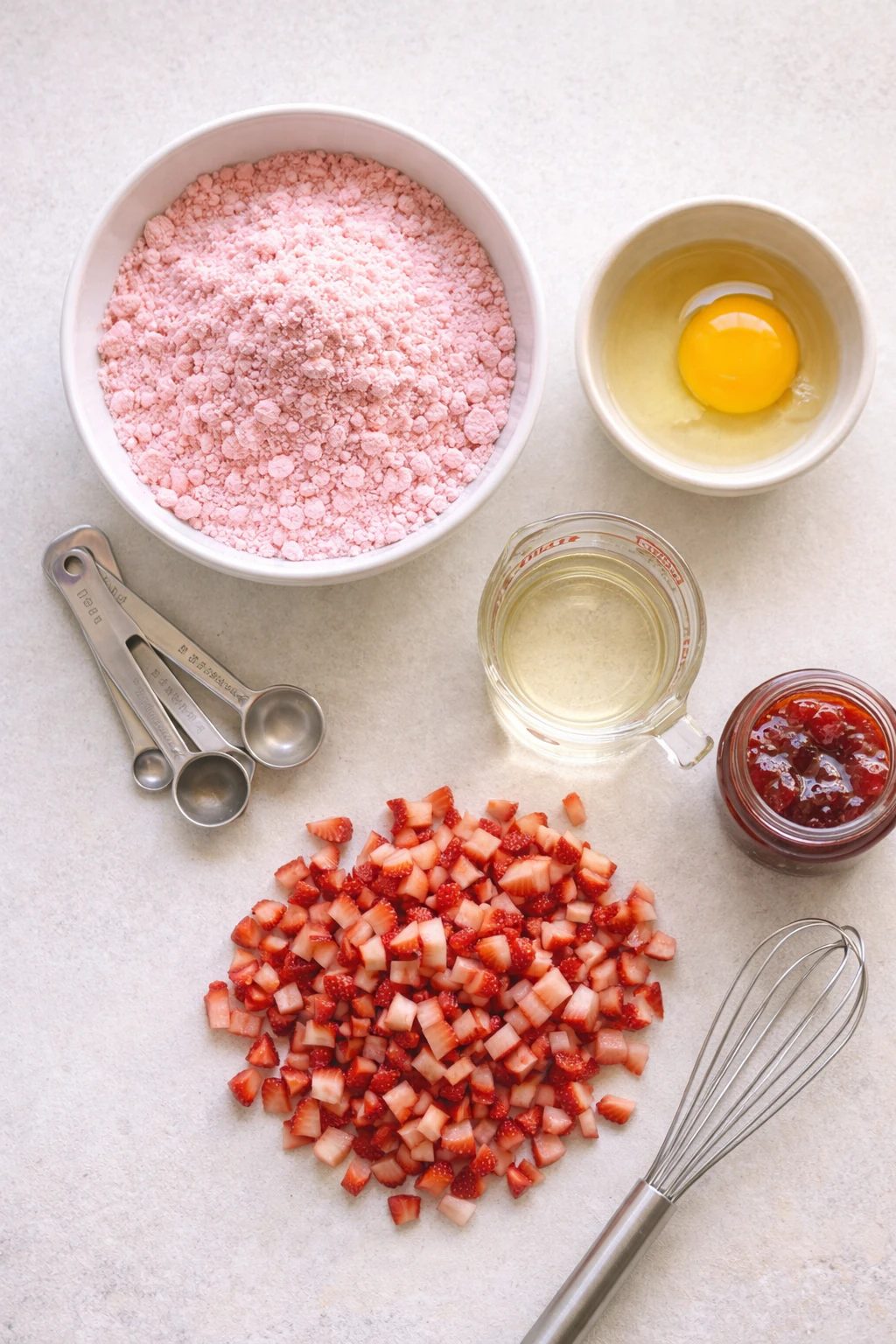 Ingredients for strawberry cake mix cookies laid out on a counter