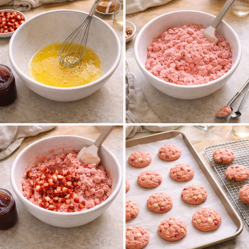 Baked soft strawberry cake mix cookies cooling on a rack