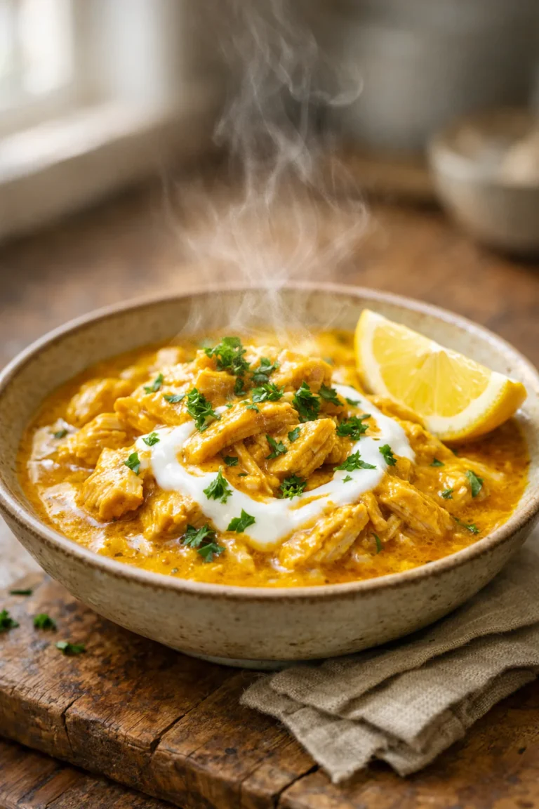 Small bowl of soft turmeric chicken with shredded tender meat, creamy yogurt swirl, fresh parsley, and lemon wedge in warm natural light.