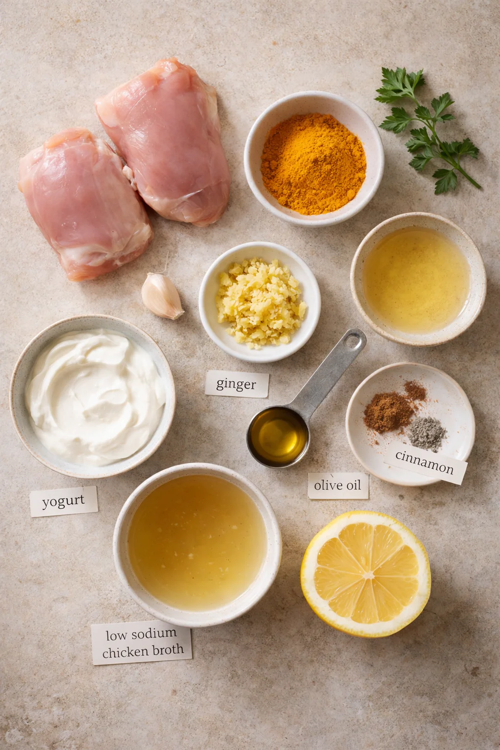 Ingredients for turmeric chicken on a countertop