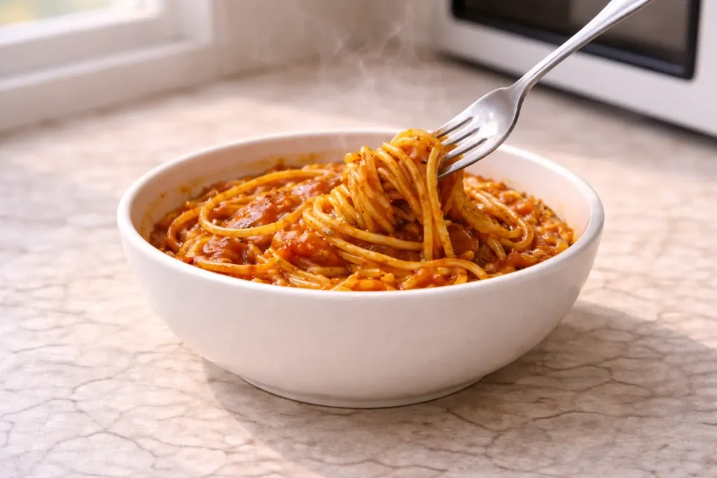 Pasta being stirred in a microwave-safe bowl after a short microwave burst to heat evenly