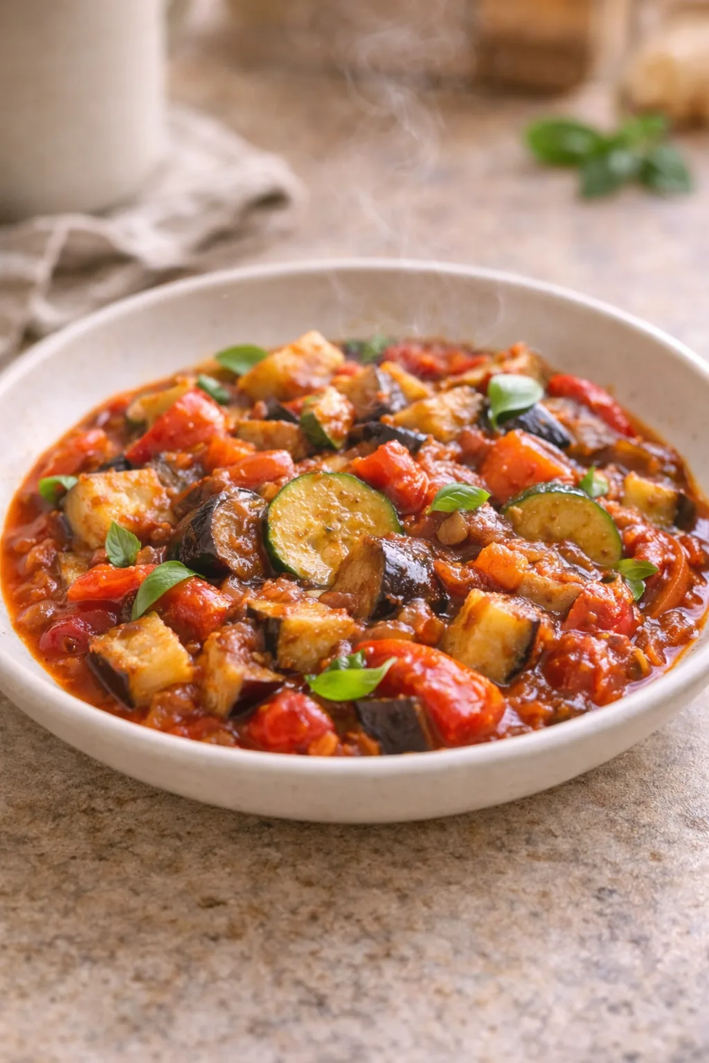 Stovetop ratatouille in a skillet with vegetables