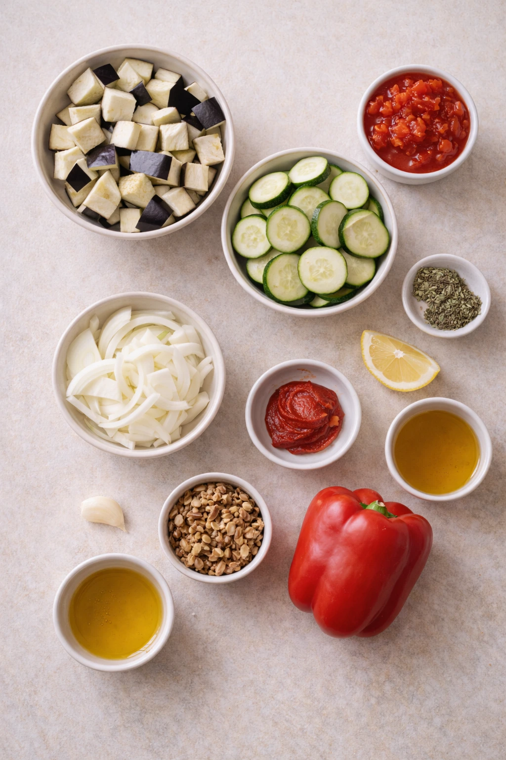 Ingredients for stovetop ratatouille on a table