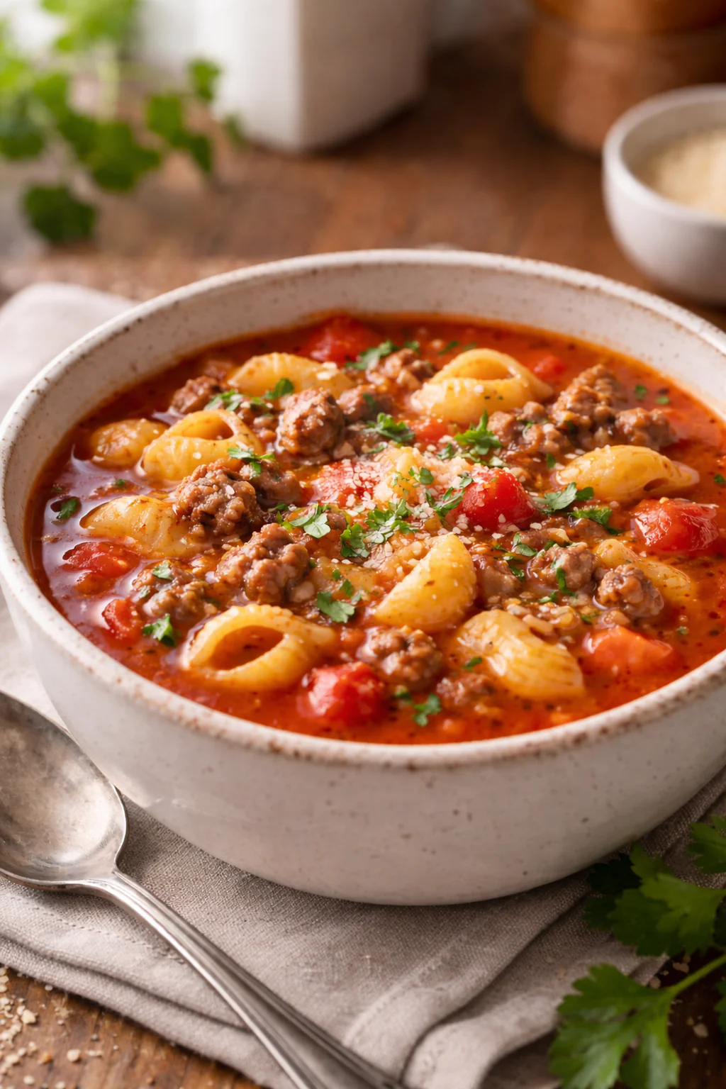 Stovetop tomato soup with ground beef in a bowl