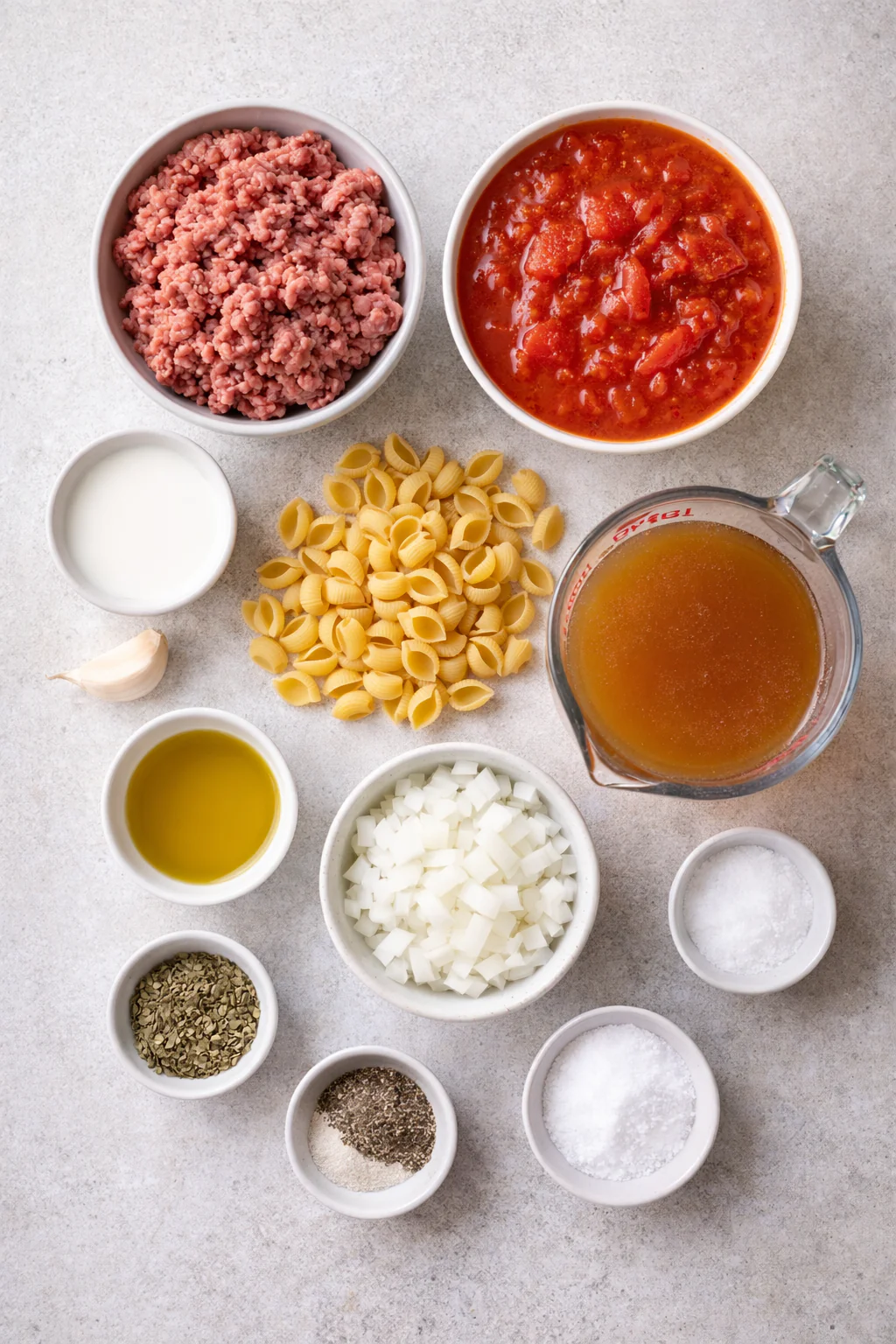 Ingredients for stovetop tomato soup with ground beef laid out