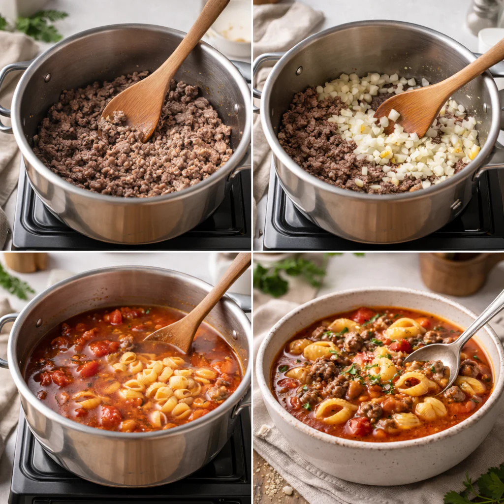 Cooking steps for tomato soup with ground beef on the stove
