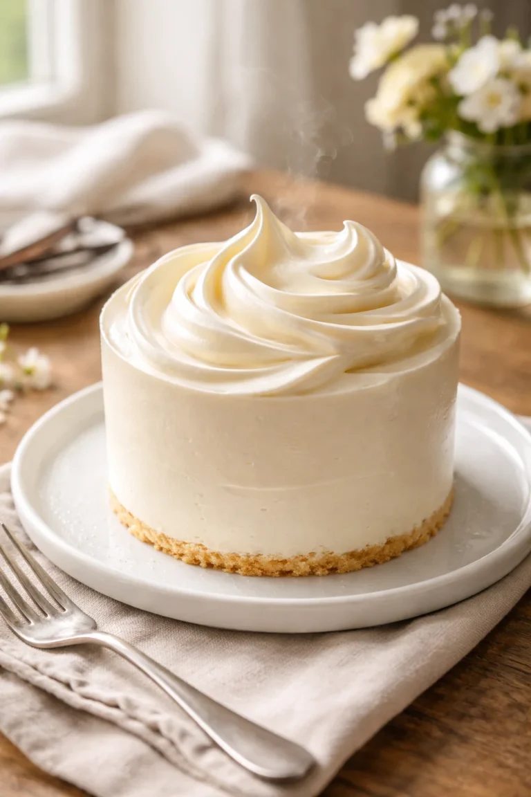 Small vanilla cake topped with silky Swiss meringue buttercream on a white plate in a cozy kitchen setting.