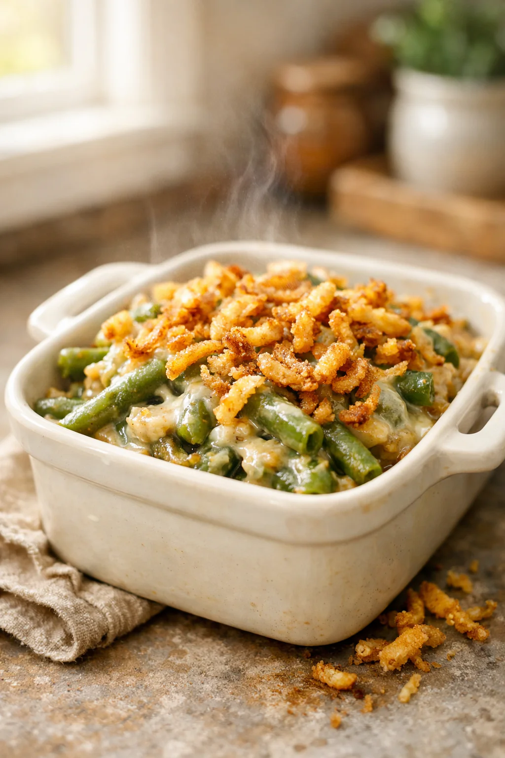 Tangy green bean casserole without mushroom soup on a plate
